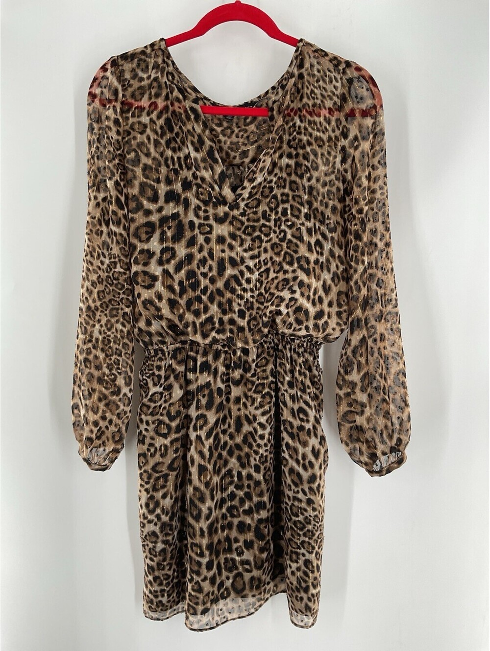 White House Black Market Leopard Blouson Dress Women 4 Animal Print Chiffon 130